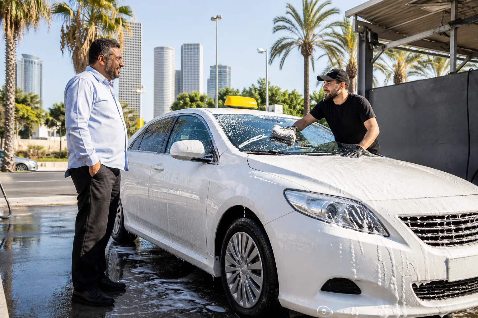 מונית לבנה עם כובע צהוב בשטיפה מקצועית בישראל