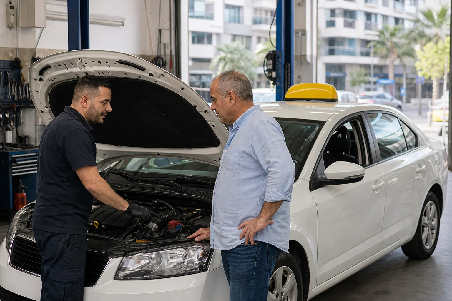 נהג מונית ישראלי מקבל שירות במוסך לצד מונית לבנה עם כובע צהוב