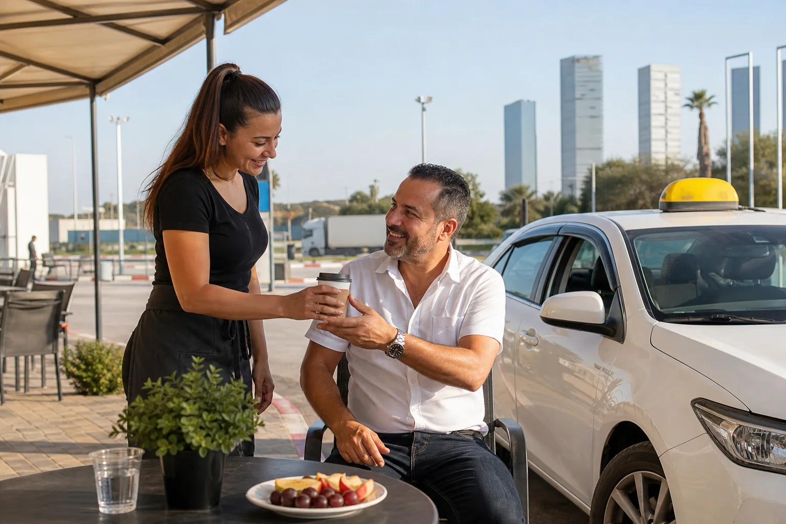 נהג מונית ישראלי עוצר לקפה לצד מונית לבנה