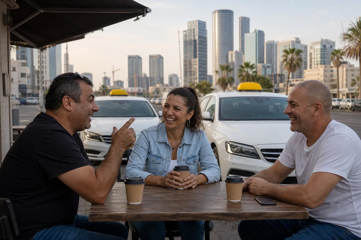 נהגי מוניות ישראלים משוחחים בקפה ליד מוניות לבנות