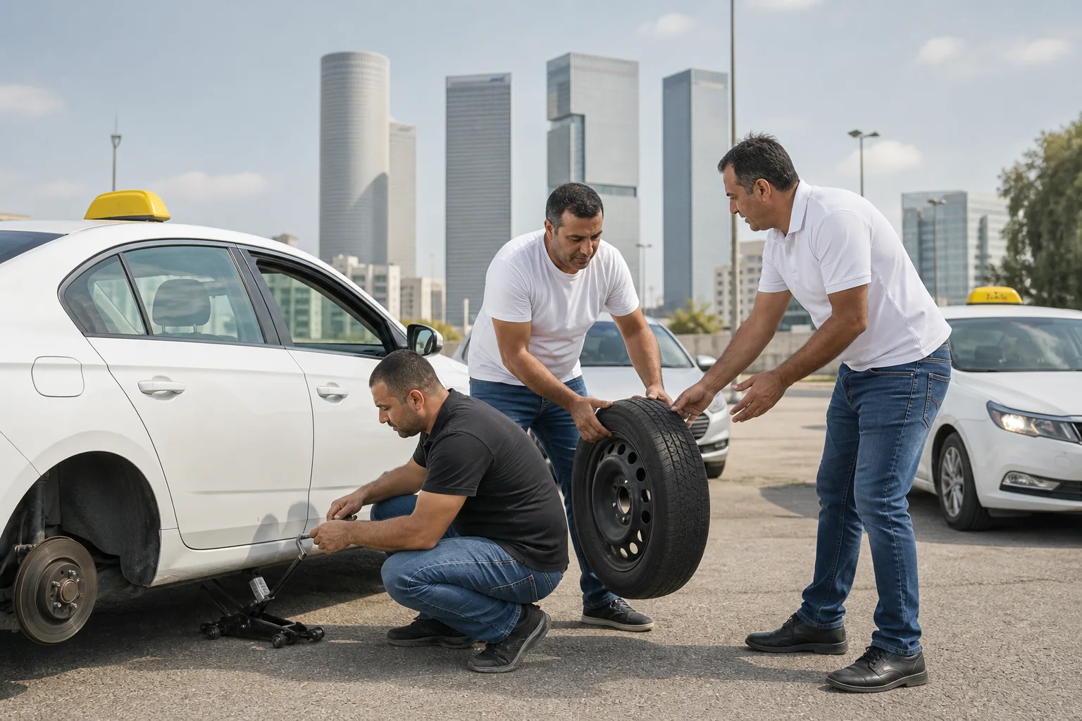 נהגי מוניות ישראלים מסייעים זה לזה לצד הדרך