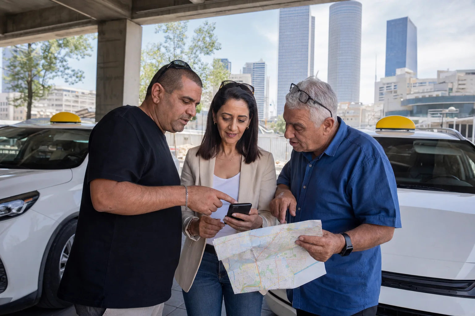 נהגי מוניות ישראלים משתפים ידע ליד מוניות לבנות בתל אביב